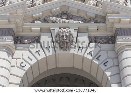 Pasadena City Hall building sign detail in southern California. Royalty-Free Stock Photo #138971348