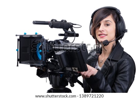 young woman with professional video camera, dslr, isolated on the white background