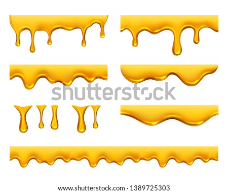 Dripping honey. Golden yellow realistic syrup or juice dripping liquid oil splashes vector template Royalty-Free Stock Photo #1389725303