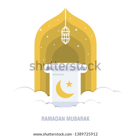 Ramadan Kareem islamic design crescent moon and mosque dome silhouette with arabic pattern and calligraphy 