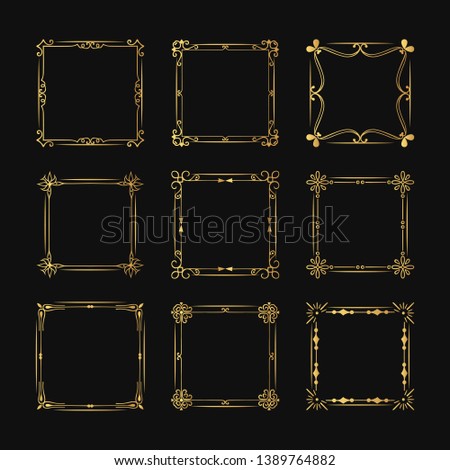 Vector isolated square golden calligraphic frames and fancy gold wedding borders. Hand drawn set of filigree design elements.