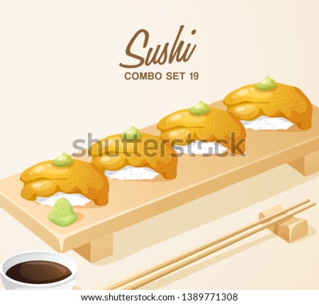 Set of Japanese Food : Uni Sushi Set on Wooden Plate : Vector Illustration