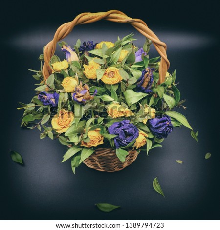 Beautiful bouquet of yellow and blue dried flowers. Roses in a wicker basket on a black background. Composition of withered flowers. Purple and yellow flowers in an autumn bouquet with fallen leaves.