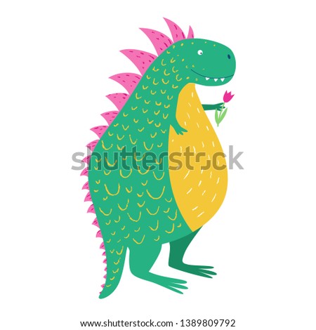 Smiling green dinosaur with a flower. Cute animal. Vector background. Isolated hand drawn illustration. Funny character for kids. Pencil texture.
