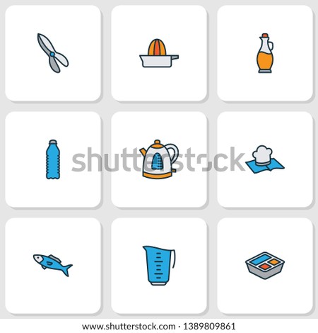 Culinary icons colored line set with kitchen scissors, electric kettle, olive oil glass and other culinary elements. Isolated vector illustration culinary icons.