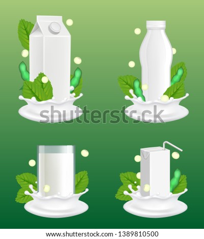 Soy milk package mockup set. realistic illustration of lactose free vegan milk in glass, white blank plastic bottle and carton paper pack with liquid splash and soy plant beans and leaves.