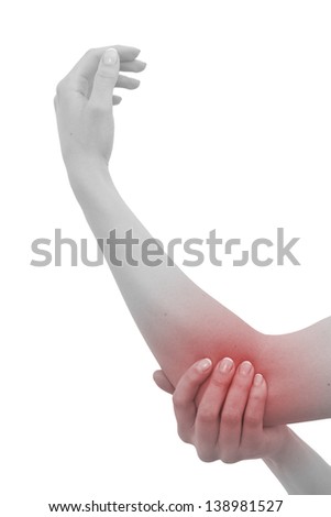 Acute pain in a woman elbow. Female holding hand to spot of elbow pain. Concept photo with Color Enhanced blue skin with read spot indicating location of the pain. Isolation on a white background.