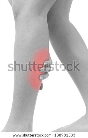 Acute pain in a woman sword. Concept photo with blue skin with read spot indicating pain. Isolation on a white background
