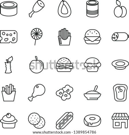 thin line vector icon set - sausage vector, stick of, piece cheese, canned goods, tin, Hot Dog, big burger, cake, muffin, with a hole, bowl buckwheat porridge, plate milk, chicken leg, thigh, apple