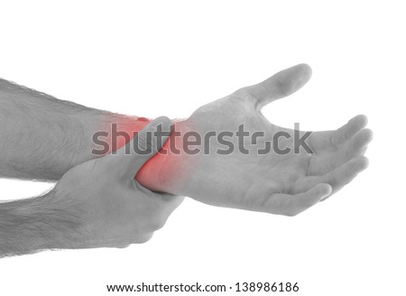 Acute pain in a man palm. Male holding hand to spot of palm-ache. Concept photo with Color Enhanced blue skin with read spot indicating location of the pain. Isolation on a white background. 