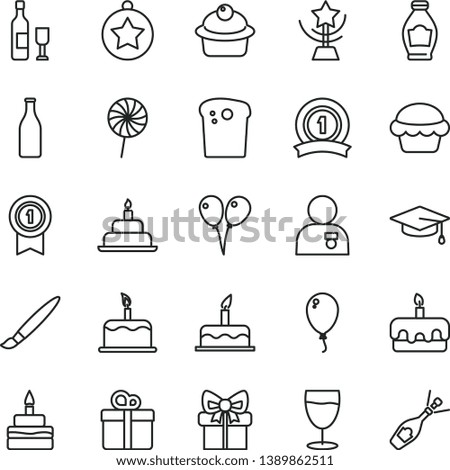 thin line vector icon set - tassel vector, colored air balloons, balloon, cake, birthday, gift, Easter, muffin, torte, lollipop, glass, bottle, star cup, man with medal, graduate, pennant, ribbon
