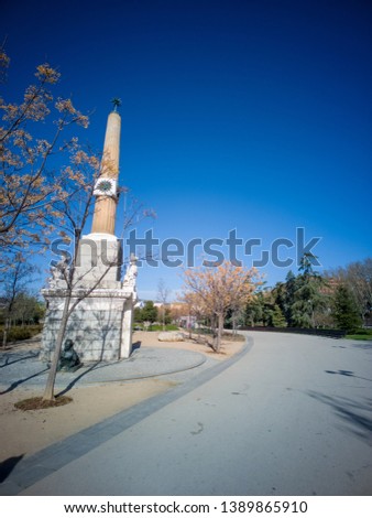 The Obelisco De Yeserias obelisk, also known as the Obelisco De Arganzuela, or De La Castellana. It is located in the Argazuela district in Madrid, Spain, Europe