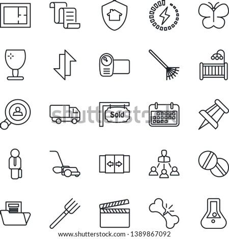 Thin Line Icon Set - automatic door vector, contract, drawing pin, farm fork, rake, lawn mower, butterfly, pills, broken bone, car delivery, term, fragile, clapboard, video camera, data exchange