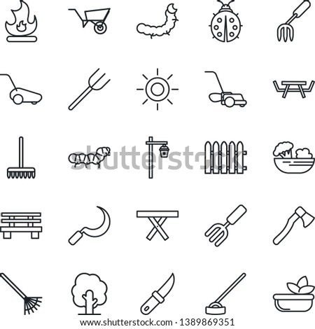 Thin Line Icon Set - garden fork vector, farm, fence, rake, tree, wheelbarrow, lawn mower, lady bug, fire, sun, hoe, sickle, knife, axe, bench, light, caterpillar, picnic table, salad