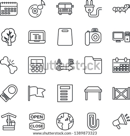 Thin Line Icon Set - airport bus vector, notebook pc, document, calendar, tree, well, caterpillar, broken bone, earth, term, container, route, camera, calculator, folder, music, paper clip, table