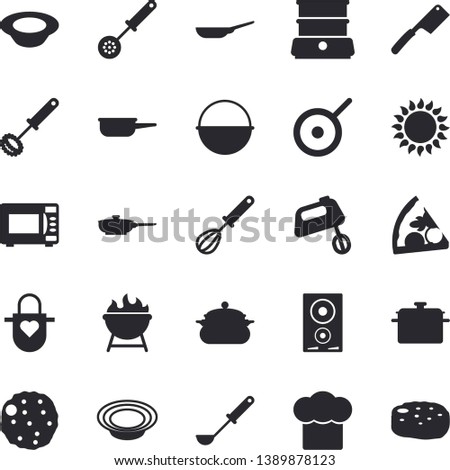 Solid vector icon set - saucepan flat vector, frying pan, cauldron, saute, teflon, cook hat, apron, ladle, kitchen spoon, whisk, knives, induction cooker, gas, microwave, mixer, double boiler, pizza