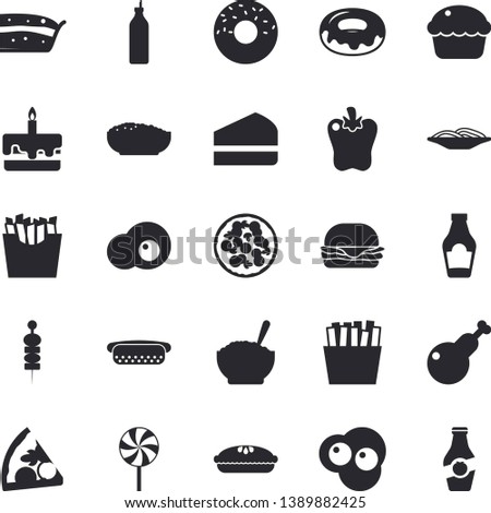 Solid vector icon set - ketchup flat vector, spaghetti, hamburger, hot dog, pizza, cupcake, piece of cake, donut, porridge, pie, chicken, lollipop, bell pepper, French fries, scrambled eggs, canape