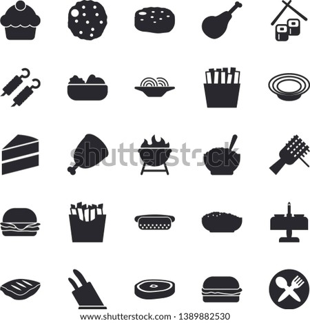 Solid vector icon set - cake flat vector, knives, barbecue, ham, spaghetti on a fork, hamburger, hot dog, dish, salad, porridge, chop, shashlik, cutlet, French fries, fish rolls, table setting