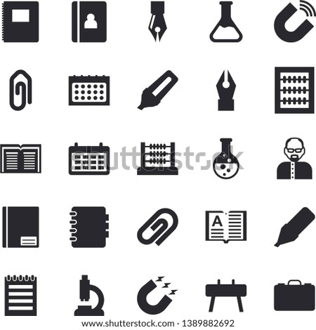 Solid vector icon set - chemistry flat vector, magnet, marker, calendar, microscope, notebook, abacus, ink pen, notepad, scientist, sports equipment horse, clip, book, case