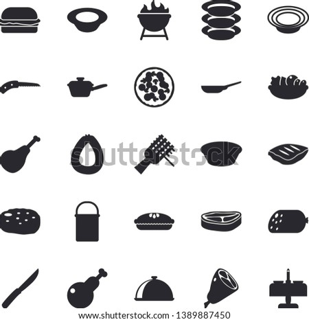 Solid vector icon set - frying pan flat vector, hiking pot, saute, knives, barbecue, dish, plates, chop, ham, sausage, spaghetti on a fork, hamburger, pizza, salad, soup, pie, chicken, cutlet, knife