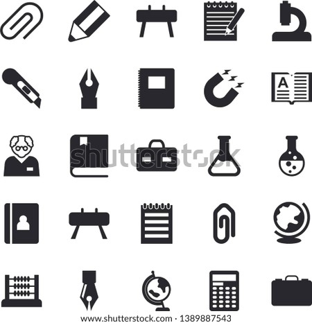 Solid vector icon set - stationery knife flat vector, chemistry, magnet, microscope, briefcase, clip, abacus, ink pen, pencil, notepad, globe, textbook, notebook, scientist, calculator, book, case