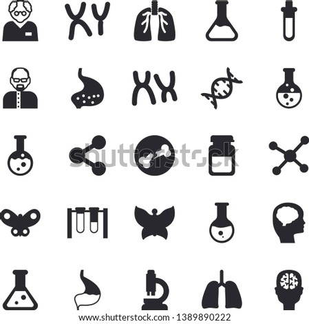 Solid vector icon set - butterflies flat vector, chemistry, molecules, medical analysis, chromosomes, bone fracture, stomach, lungs, flask, molecule, microscope, scientist, beakers, dna