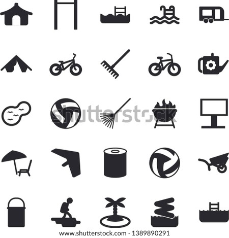 Solid vector icon set - hiking pot flat vector, barbecue, canned food, rake, watering can, garden wheelbarrow, pond, billboard, volleyball, bicycle, parallel bars, pool, trailer fector, hike, tent