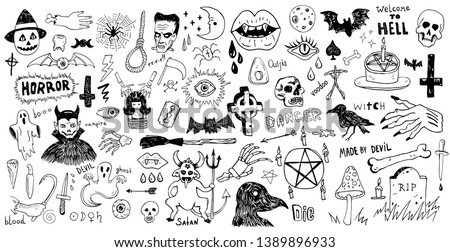Horror set of Halloween doodle sticker sketch set