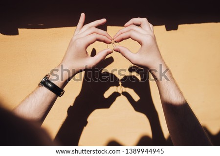 Funny wedding photography. The sun shadow from the hands of the groom with the rings becomes like two hares and a monster. Interesting idea, lifestyle, poster, card, kiss.