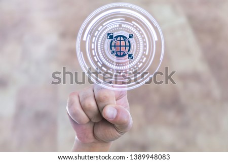 Closeup of person pressing earth globe and phone drawing button with index finger on transparent screen as communication service concept