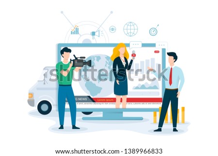 TV journalist or news reporter concept. Character with camera shooting interview. Social media. Reporter speaking using microphone. Isolated vector illustration in cartoon style