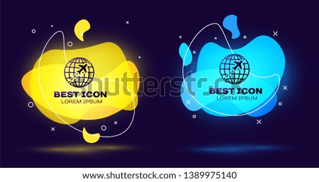 Black Globe with flying plane icon isolated. Airplane fly around the planet earth. Aircraft world icon. Set of liquid color abstract geometric shapes. Vector Illustration