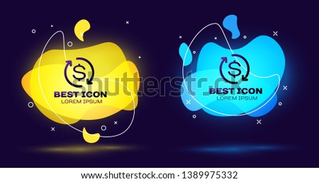 Black Return of investment icon isolated. Money convert icon. Refund sign. Dollar converter concept. Set of liquid color abstract geometric shapes. Vector Illustration