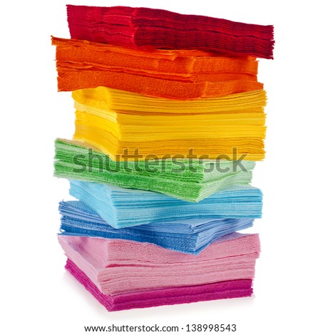  tower serving colored paper napkins isolated on white background