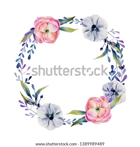 Wreath of watercolor anemones, green and blue plants, hand painted on a white background, for your festive design
