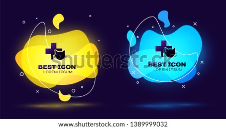 Black Veterinary clinic symbol icon isolated. Cross with cat veterinary care. Pet First Aid sign. Set of liquid color abstract geometric shapes. Vector Illustration
