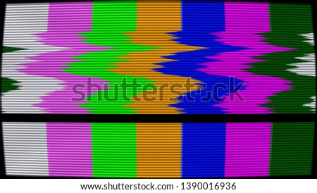 Old TV test pattern colorful stripes damaged by glitches, banding and noise