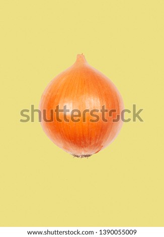 Fresh onion levitate in air on yellow background. Concept of vegetable levitation.