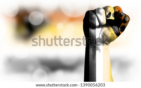 Flag of Bear Brotherhood painted on male fist, strength,power,concept of conflict. On a blurred background with a good place for your text.