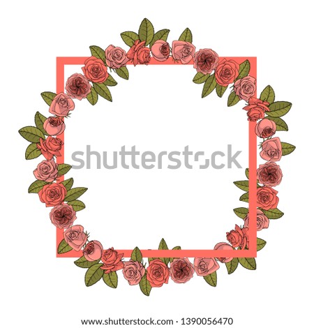 Hand drawn doodle style rose flowers wreath around square frame. floral design element. isolated on white background. stock vector illustration