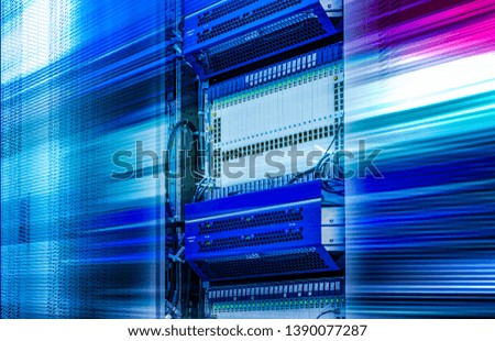 Cluster in server room speed light line motion blur 3d rendering