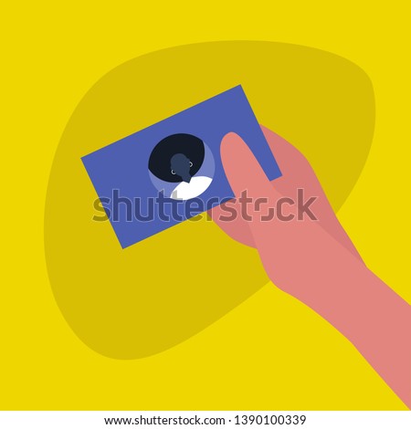 Hand holding a business card with a portrait of young black female character. Your text here. Template / flat editable vector illustration, clip art