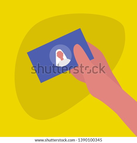 Hand holding a business card with a portrait of young caucasian female character.  Your text here. Template / flat editable vector illustration, clip art