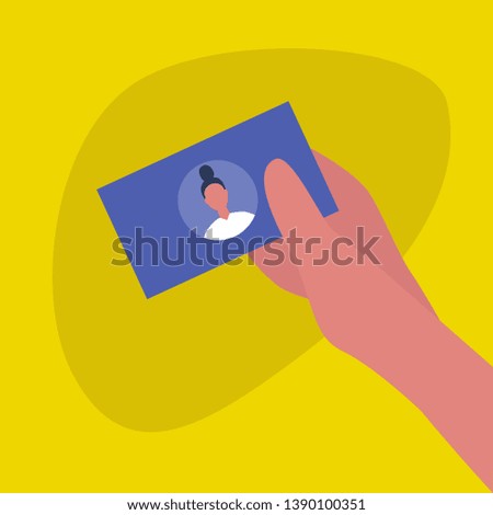 Hand holding a business card with a portrait of young caucasian lady. Your text here. Template / flat editable vector illustration, clip art