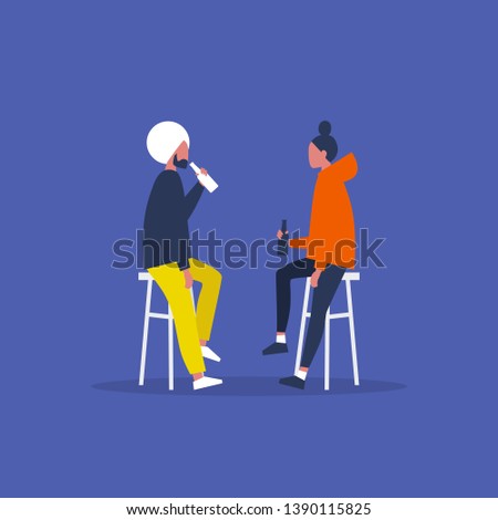 Young characters drinking beer and lemonade in a pub. Friday night. After work. Leisure. Flat editable vector illustration, clip art