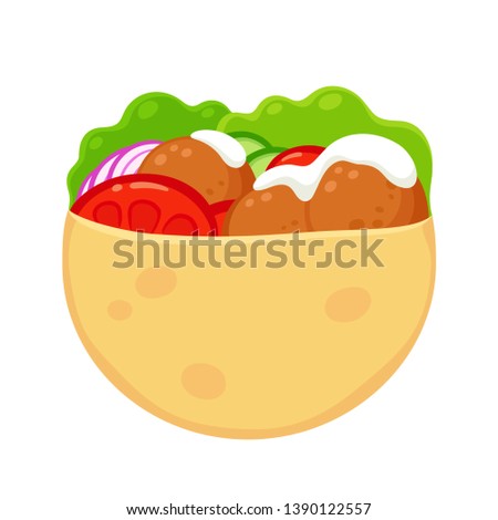 Falafel in pita with vegetables and yogurt sauce cartoon style drawing. Traditional Middle Eastern food vector clip art illustration. Royalty-Free Stock Photo #1390122557