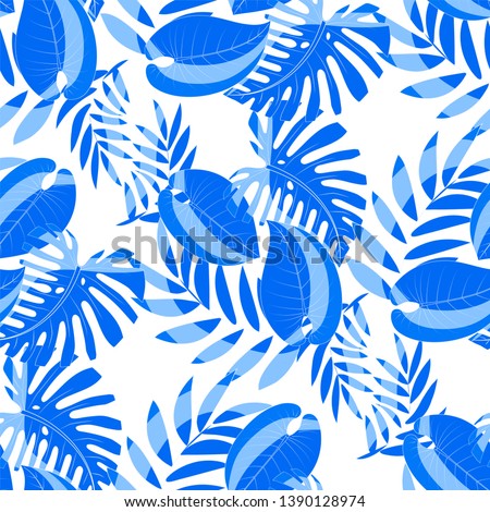 Seamless pattern with tropical exotical leaves. Light and dark blue colors. Monstera, palm leaves, philodendron. Print on white background. Vector illustration.
