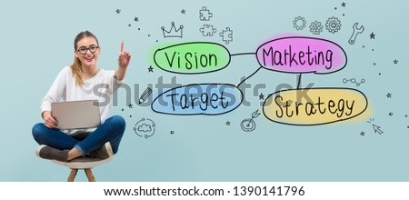 Marketing concept with young woman using her laptop