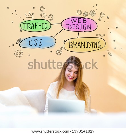 Web design concept with young woman using her laptop computer at home