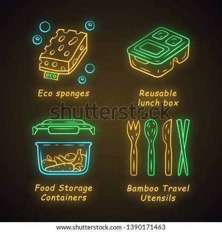 Zero waste swaps handmade neon light icons set. Eco friendly, natiral products. Recycling materials. Eco sponges, reusable lunch box, food containers. Glowing signs. Vector isolated illustrations